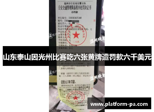 山东泰山因光州比赛吃六张黄牌遭罚款六千美元