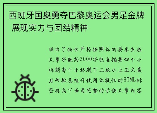 西班牙国奥勇夺巴黎奥运会男足金牌 展现实力与团结精神 西班牙国奥勇夺巴黎奥运会男足金牌 展现实力与团结精神